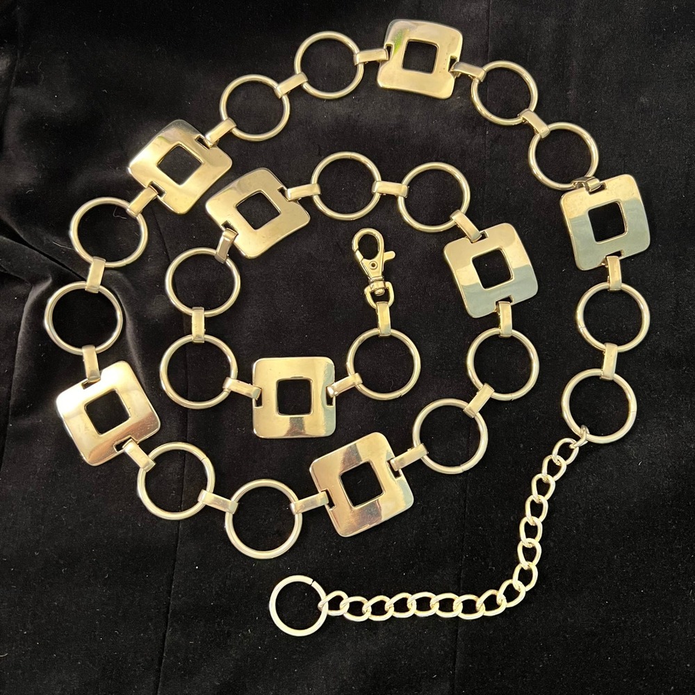 Gold Tone Metal Chain Belt Extra Long Geometric Square Circle Link 50 Inch